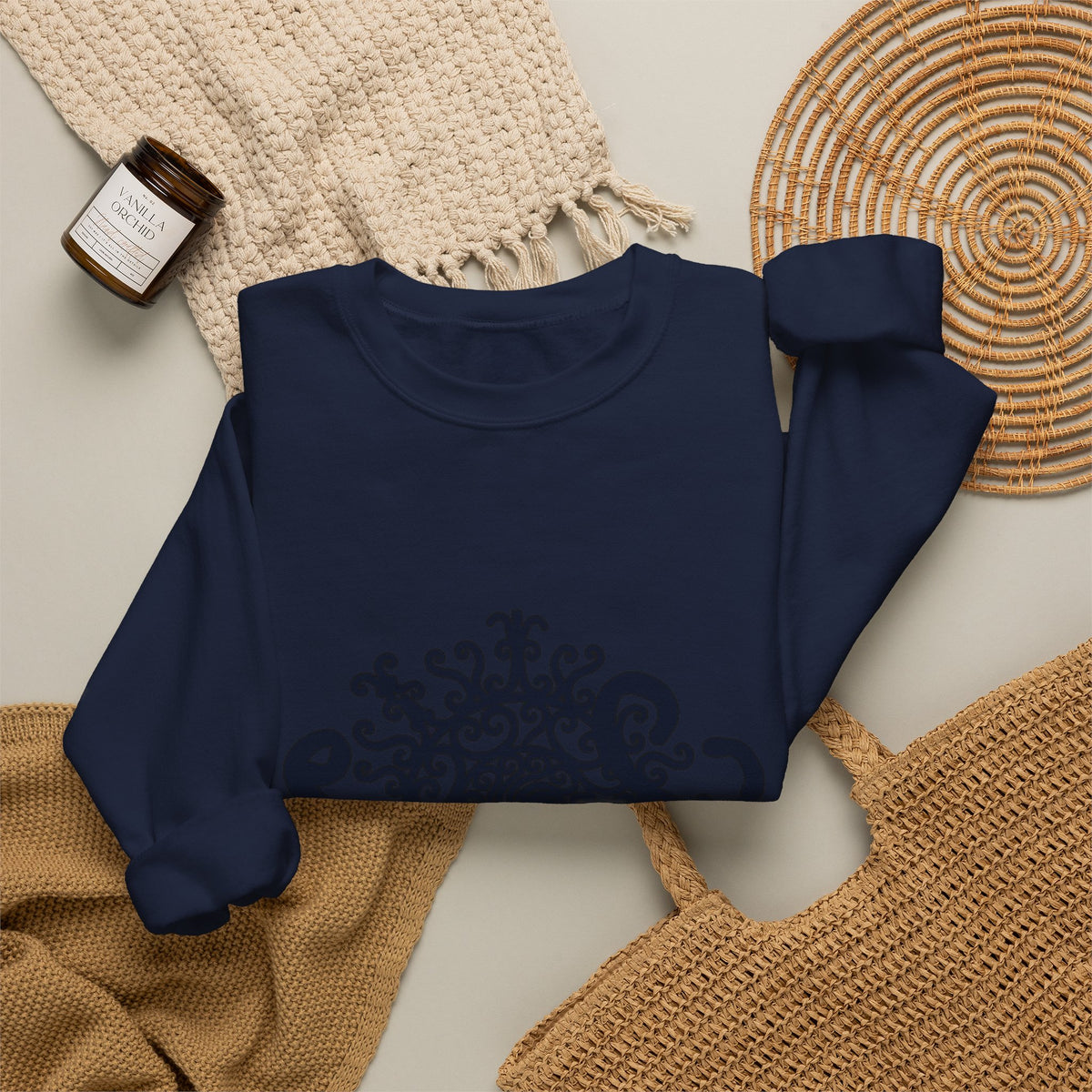 Mandala Crewneck Sweatshirt — Ornate Black Floral Mandala "Therin" Design