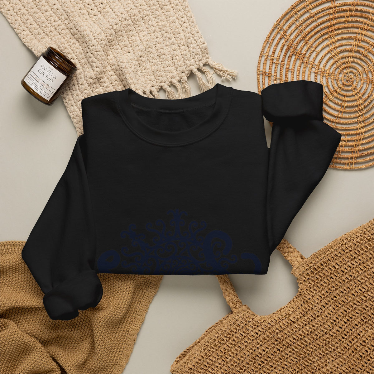 Mandala Crewneck Sweatshirt — Ornate Black Floral Mandala "Therin" Design