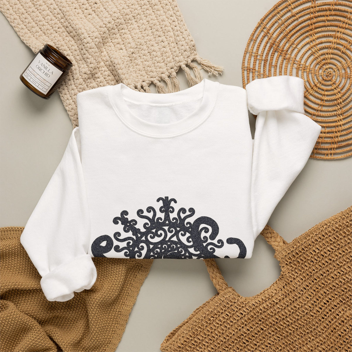 Mandala Crewneck Sweatshirt — Ornate Black Floral Mandala "Therin" Design