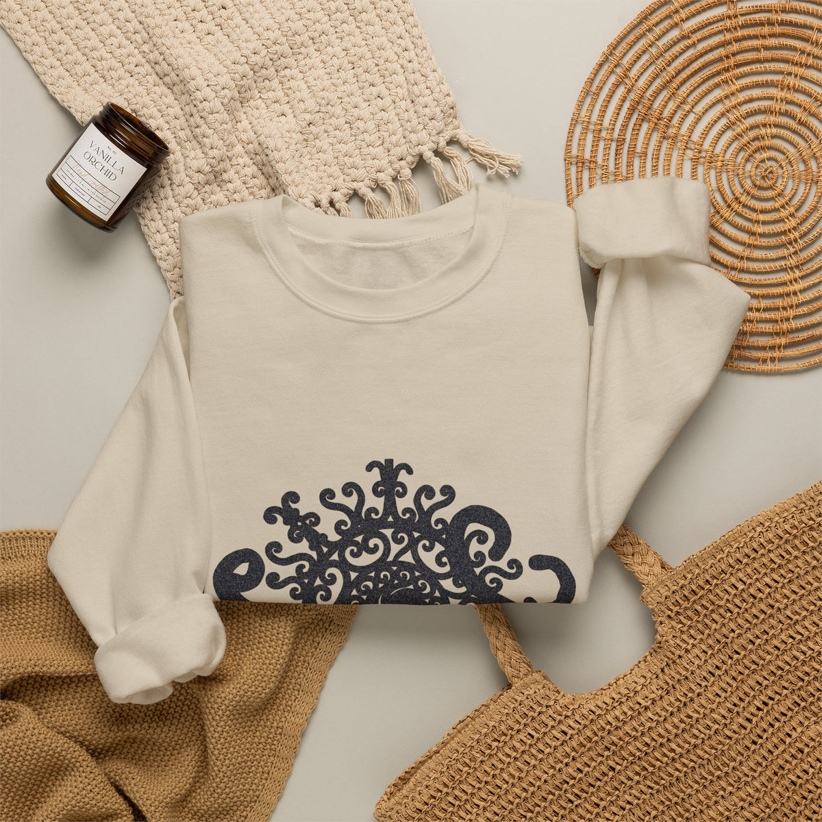 Mandala Crewneck Sweatshirt — Ornate Black Floral Mandala "Therin" Design