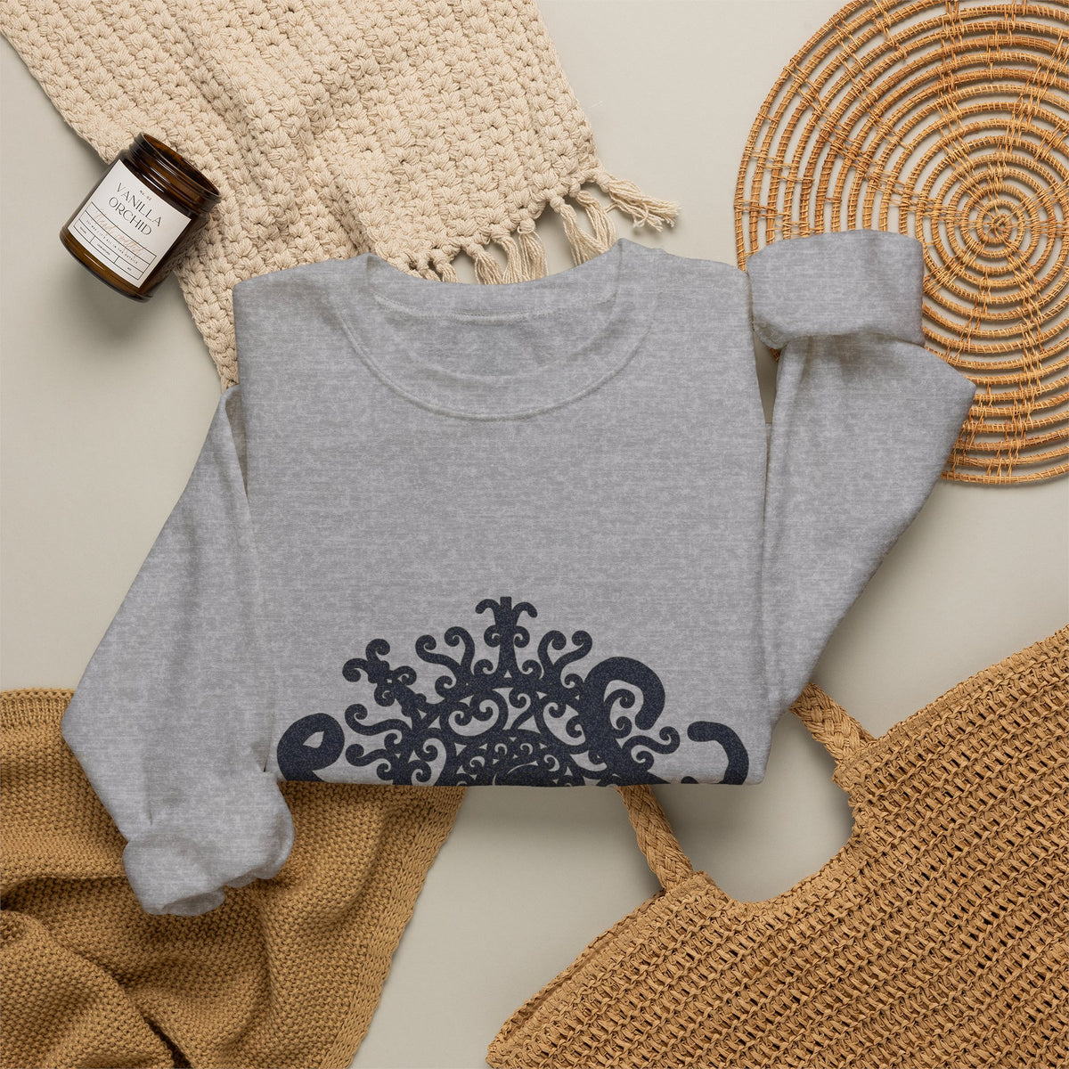 Mandala Crewneck Sweatshirt — Ornate Black Floral Mandala "Therin" Design
